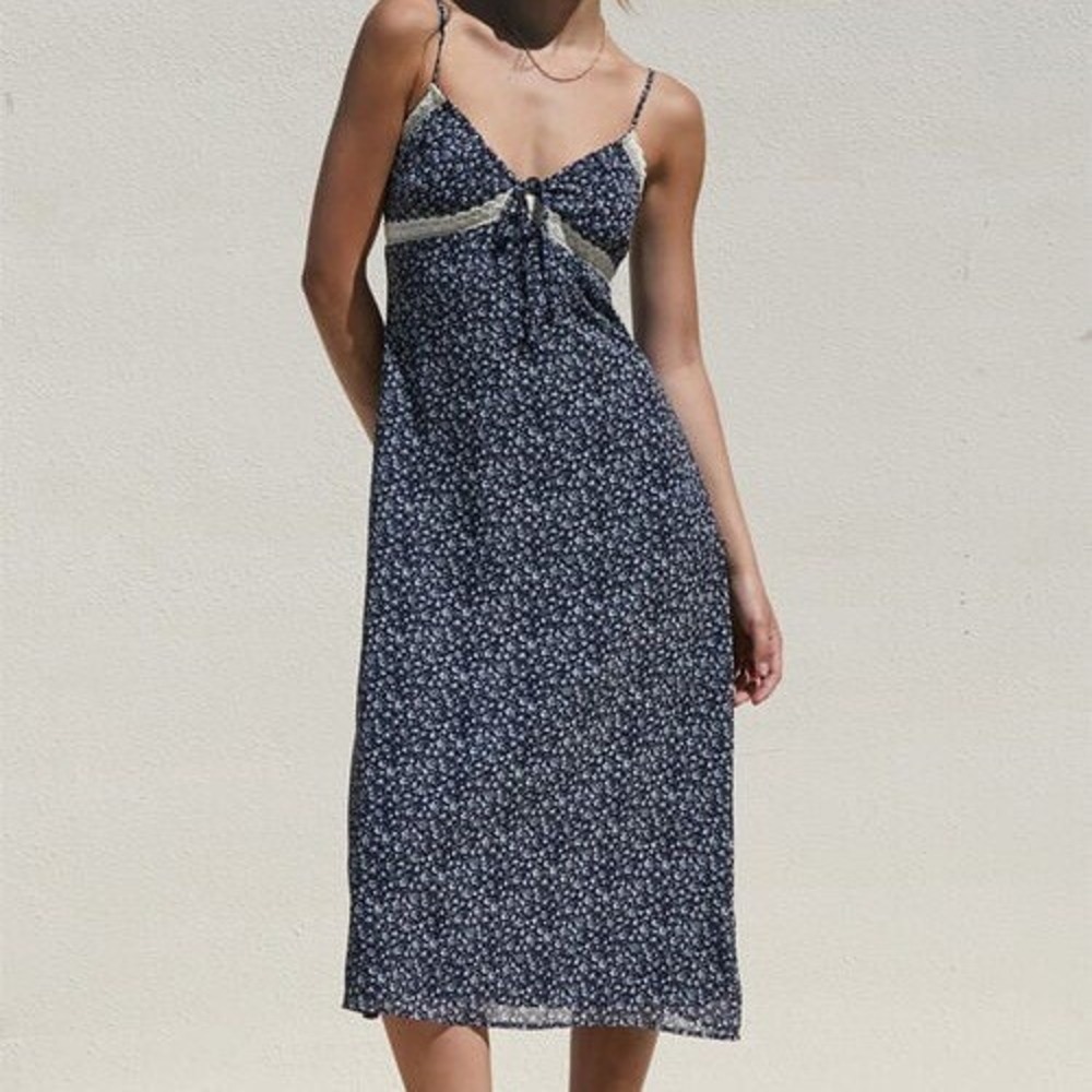 PACSUN LA Hearts Y2K Floral Midi Dress Womens S Navy Blue White Boho Cottagecore